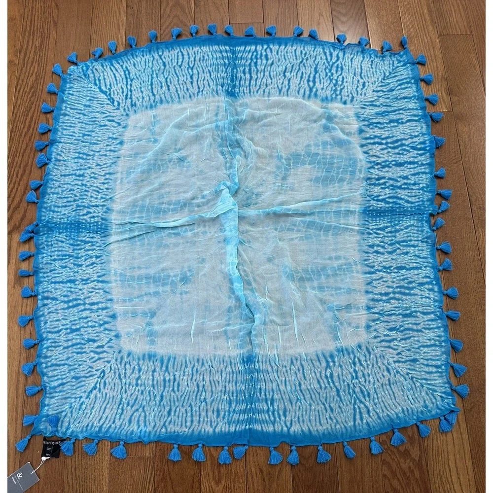 Eileen Fisher Womens Artisanal Silk Tasseled Square Scarf Wrap Blue‎ NWT